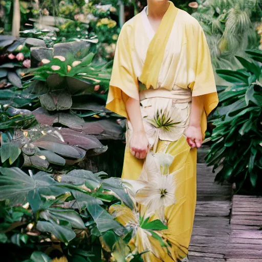 Prompt: head to waist medium format portrait photograph of an elegant blond woman wearing a yellow kimono in a tropical greenhouse. looking at the camera!!. super resolution. 85 mm f1.8 lens.bokeh.graflex. by William Adolphe Bouguereau