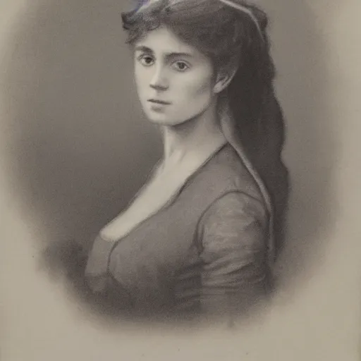 Image similar to portrait of a young action heroine, by alfred stevens in charcoal