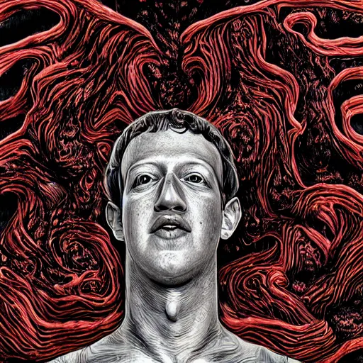 Image similar to mark zuckerberg scariest horror nightmare by junji ito, digital art, deepdream cosmic, 3 d high definition, trending on artstation, photorealistic, high resolution, 8 k, octane, hyper detailed, trending on deviantart insane details, intricate, elite, ornate, elegant trend, highly detailed and intricate, sharp focus, photography, unreal engine