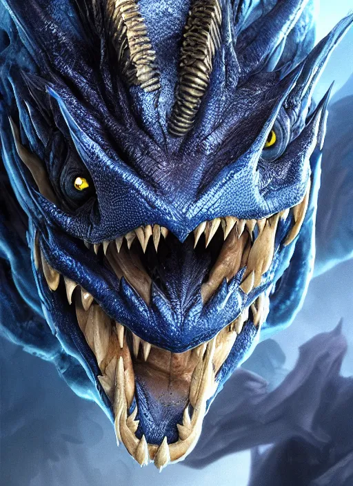Image similar to portrait, legendary dragon head, two eyes, spying blue fire, sharp teeth, Dynamic lighting, cinematic, establishing shot, extremely high detail, photo realistic, cinematic lighting, , post processed denoised, concept design, concept art, artstation, matte painting, midjourney, style by alex ross, neal adam