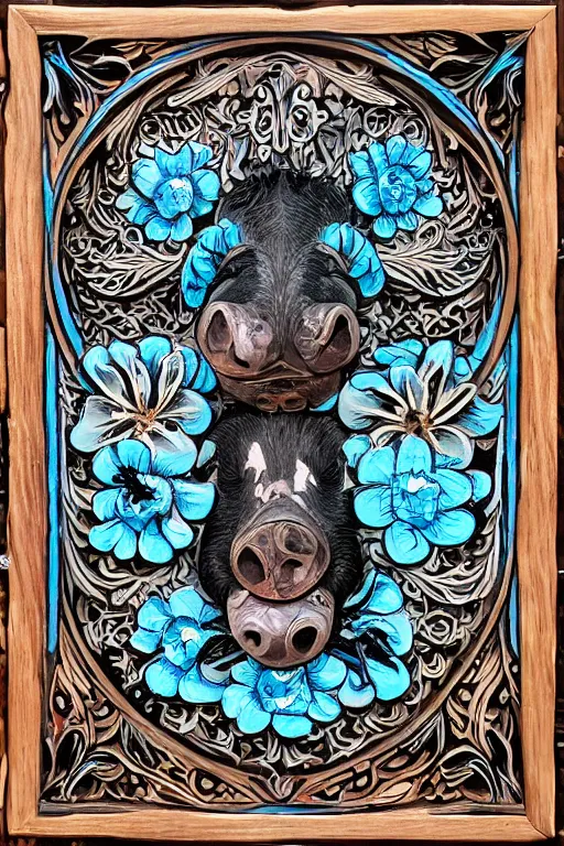 Image similar to Painted dark-wood panel relief carving of a close up of a Flowerpunk Piglet, White and pale blue toned, ornate border frame, explosion of colorful flowers, dark wood, intricately carved, black ink, festival of rich colors, intricate details, cinematic lighting, volumetric lighting, post-processing, art nouveau, tarot, fractal art, mandala, by andreas rocha and john howe, and Martin Johnson Heade, featured on artstation, featured on behance, golden ratio, hyper detailed, photorealistic, epic composition, center spotlight, f32, well composed, symmetrical, UE5, 8k