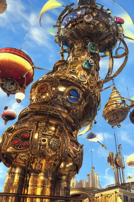 Image similar to A giant steampunk tower rises to the heavens surrounded by a multicolored marketplace, flying in the sky are steampunk aircraft