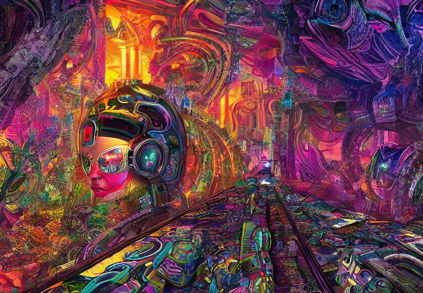 Prompt: a complex hyperdetailed maximalist illustration of a dmt trip in a retrofuturist scifi city combined with a complex psychedelic portrait by legendary artists salviadroid feat android jones