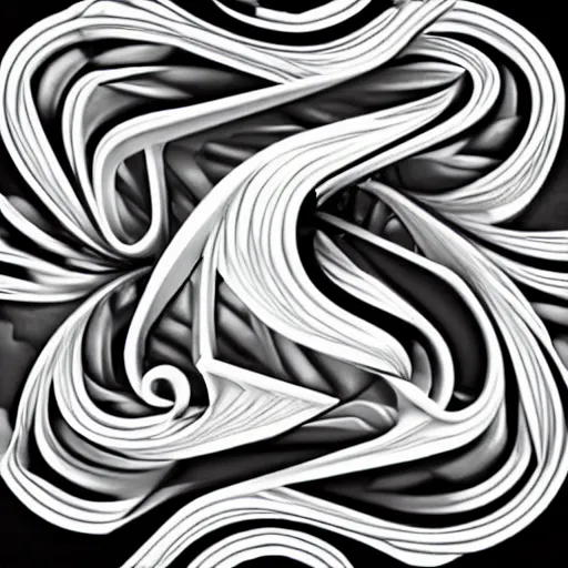 Image similar to 3d black and white line art illustration of a complex question mark symbol by mc Escher H 768
