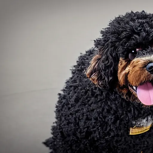 Image similar to a closeup photorealistic photograph of a cute smiling knitted bernedoodle judge dog dressed in a black gown and presiding over the courthouse. indoors, professional capture, well lit shot. this 4 k hd image is trending on artstation, featured on behance, well - rendered, extra crisp, features intricate detail, epic composition and the style of unreal engine.