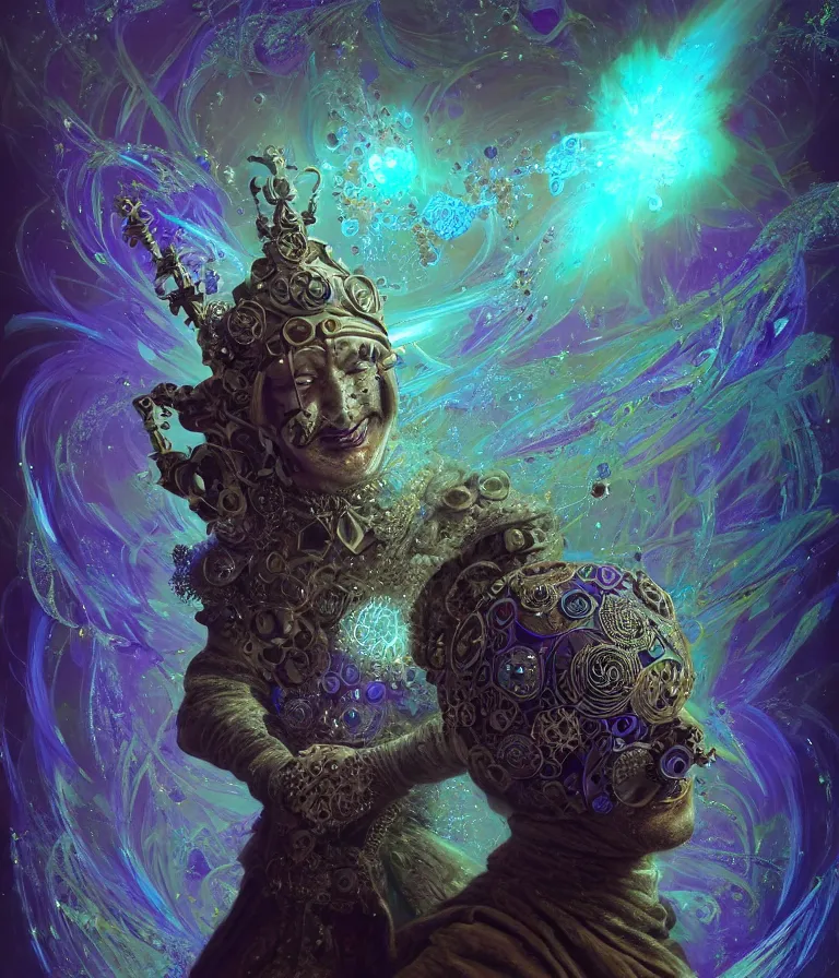 Image similar to front!!! shot of a court jester!!! character, mesmerizing fractal hypercubes, dark holography!!!, future, oil slick nebula, crystalline edges, (((intricate))), elegant, highly detailed, centered, (((artstation, concept art, smooth, sharp focus, artgerm, Tomasz Alen Kopera, Peter Mohrbacher, donato giancola, Joseph Christian Leyendecker, WLOP, Boris Vallejo))), ((raytracing)), mugshot!!!!!, ugly!!!!!!, octane render, nvidia raytracing demo, octane render, nvidia raytracing demo, octane render, nvidia raytracing demo, grainy, muted, 8K, digitalblasphemy, metatron