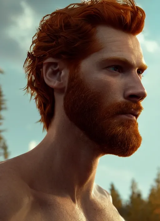 Prompt: beauteous handsome rugged sumptuous man wrapped in dna molecule, incredible ginger hair, projected ray traced oled retinal overlays, crystalline masterpiece incrustations, hyperdetailed face, elegant pose, movie still, intricate, octane render, cinematic forest lighting, cgsociety, unreal engine, crepuscular rays, god rays