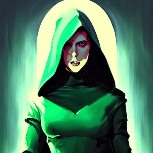 Prompt: Rafeal Albuquerque comic art, Joshua Middleton comic art, Jeremy Mann art, artgerm, cinematics lighting, beautiful Anna Kendrick supervillain, green dress with a black hood, angry, symmetrical face, Symmetrical eyes, full body, flying in the air, night time, red mood in background