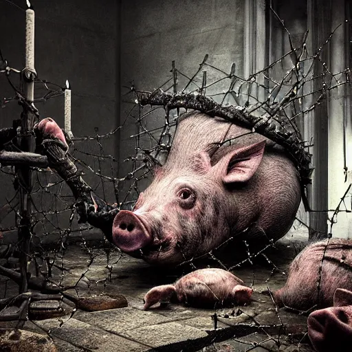 Prompt: a highly detailed realistic photographic render of dead souls worshipping a severed head of a pig with crown of thorns , dead souls, religious sculpture, creepy, cinematic lighting, cinematic scene, Volumetric lighting, Atmospheric scene, Dark, Horror, Atmospheric lighting, Global illumination, realistic, photo realism, hyper realistic, hyper realism, photo realisitc, cinematic render, film, beautifully lit, ray traced, octane 3D render, octane render, unreal engine