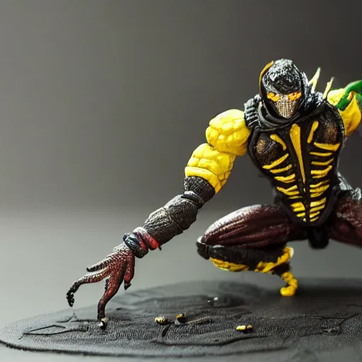 Prompt: scorpion from mortal kombat video game made of clay, drinking yerba mate with metal straw. intricate, colorfull, bokeh, cute, chibi, hyper detailed, trending on artstation.