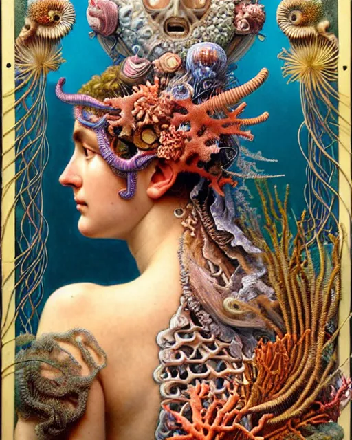 Image similar to hyperrealistic detailed face side portrait of the beautiful goddess of the fish skeletons with an intricate headgear of corals, sea kelp, sea plants, fish, starfish, jellyfish, art by ernst haeckel, john william godward, android jones, alphonso mucha, h. r. giger, gothic - cyberpunk, ornamental, beautiful deep colours,