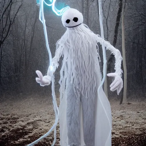 Prompt: humanoid ethereal ghostly live action muppet wraith like figure with a lightbulb jellyfish head with two very long tentacles for arms that flow gracefully at its sides while it floats around the frozen tundra searching for lost souls and that hide in the shadows in the trees, this character can control the ice, snow, shadows, and electricity, it is a real muppet by sesame street, photo realistic, real, realistic, felt, stopmotion, photography, sesame street