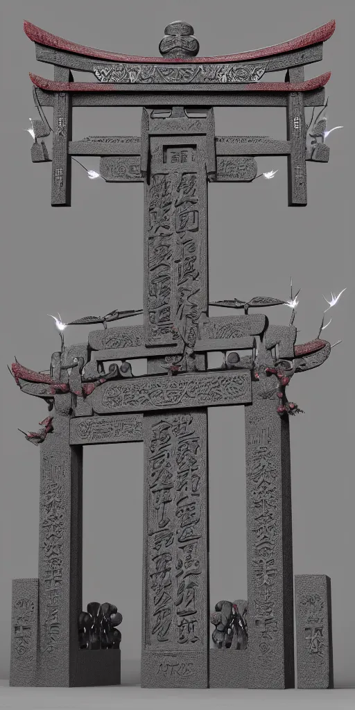 Image similar to 3 d render of a torii gate sculpture, chrometype, liquid metal, neotribal with thorns, japanese temple, raytraced, volumetric lightning, 8 k, by zheling xu, wlop, ouchh and and innate studio