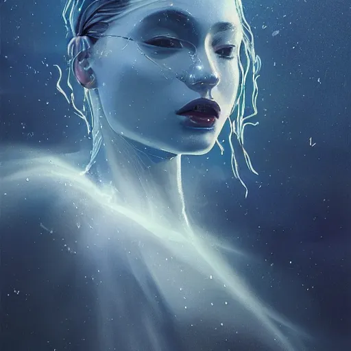 Prompt: sci - fi, close - up, 3 d, moon rays, night, cinematic, fashion model face, clouds, sun rays, vogue cover style, poster art, blue mood, realistic painting, intricate oil painting, high detail illustration, figurative art, multiple exposure, water, 3 d, by tooth wu and wlop and beeple and greg rutkowski