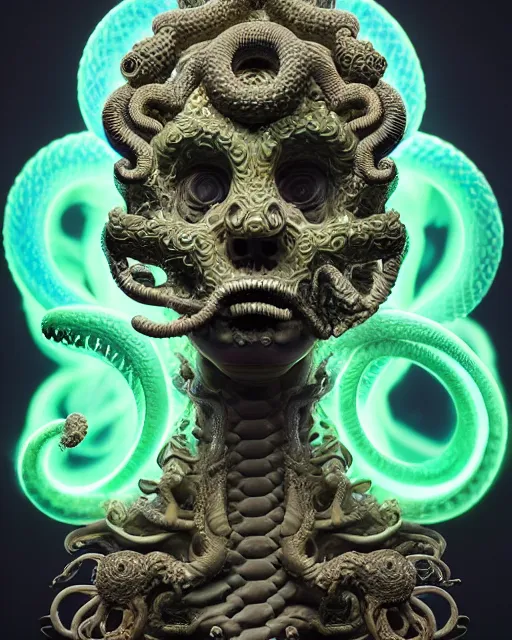 Image similar to 3 d ornate carved medusa with profile portrait, sigma 5 0 0 mm f / 5. beautiful intricate highly detailed quetzalcoatl skull. bioluminescent, plasma, lava, ice, water, wind, creature, thunderstorm! artwork by tooth wu and wlop and beeple and greg rutkowski, 8 k trending on artstation