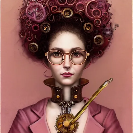 Prompt: steampunk surgeon with intricate eyeglasses, curly hair, pink and gold, by Anato Finnstark, Tom Bagshaw, Brom