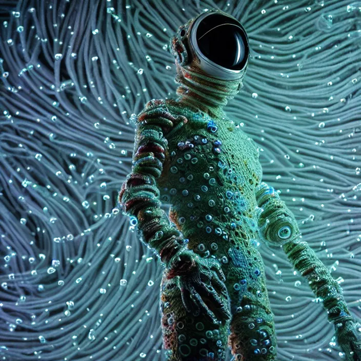 Image similar to a cybernetic symbiosis of a single astronaut mech-organic eva suit made of pearlescent wearing knitted shiny ceramic multi colored yarn thread infected with diamond 3d fractal lace iridescent bubble 3d skin dotted covered with orb stalks of insectoid compound eye camera lenses floats through the living room, film still from the movie directed by Denis Villeneuve with art direction by Salvador Dalí, wide lens,kevlar,carbon fiber,ceramics,gaseous materials,