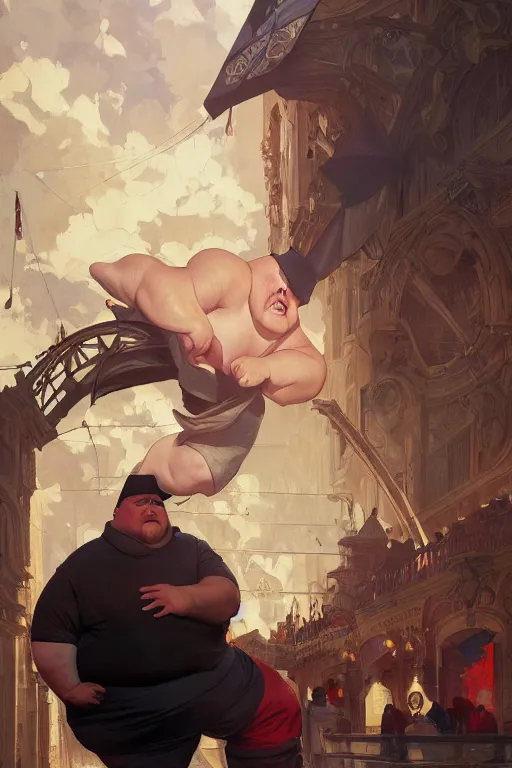 Image similar to an overweight man as a human cannonball, realistic painting, symmetrical, highly detailed, digital painting, artstation, concept art, smooth, sharp focus, illustration, cinematic lighting, art by artgerm and greg rutkowski and alphonse mucha