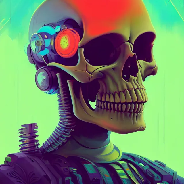 Prompt: a beautiful painting of a cyberpunk metal skull by sachin teng and pascal blanche and ralph mcquarrie and greg rutkowski. in style of futurism art. ( colorful comic ), ( film noirs ), ( brush stroke ), ( vibrating colors ), hyper detailed. 4 k texture. octane render. trending on artstation