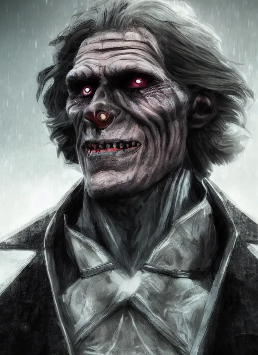 Prompt: A fantasy comic book style portrait painting of Willem Dafoe as a evil necromancer in creepy misty graveyard setting, unreal 5, DAZ, hyperrealistic, octane render, RPG portrait, dynamic lighting