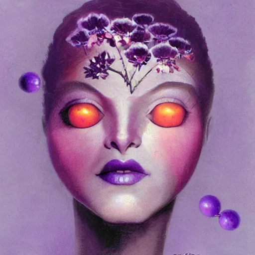 Image similar to a girl with three eyes : : on 5 translucent luminous spheres, full of floral and berry fillings, in an ocean of lavender color by frank frazetta