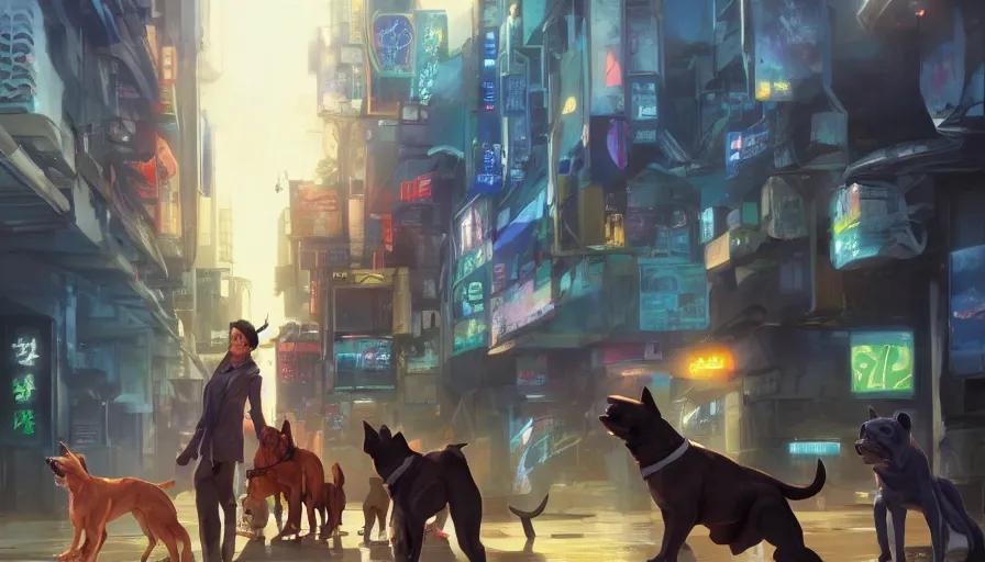 Image similar to a group of lawbreaking dogs trying to appear funny, cyberpunk art by yumihiko amano, jesper ejsing, by rhads, makoto shinkai and lois van baarle, ilya kuvshinov, cgsociety, figurative art, toonami, zbrush, official art