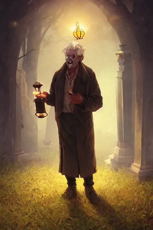 Image similar to male senior holding a lantern in a cemetery several zombies, highly detailed, digital painting, artstation, concept art, smooth, sharp focus, illustration, art by artgerm and greg rutkowski and alphonse mucha and andrei riabovitchev