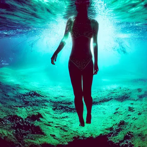 Image similar to girl with bioluminescent skin swimming underwater