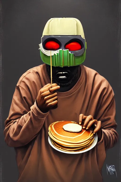 Image similar to mf doom as cooking pancakes animation pixar style, mf doom rapper madvillain, lighting poster by magali villeneuve, artgerm, jeremy lipkin and michael garmash, rob rey and kentaro miura style, trending on art station