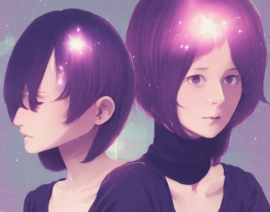 Image similar to cute impoverished college stoner woman studies pulsar stars. short silky hair, velvet, film, occlusion, shadow, specular reflection, rim light, artstation, pinterest, art by range murata and ilya kuvshinov, intricate highly detailed 8 k illustration, surreal