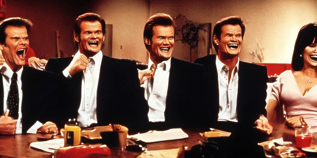 Image similar to still frame of Geena Davis, Roger Moore and Jim Carrey in Pulp Fiction laughing hysterically over a joke