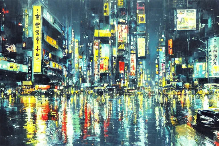 Image similar to tokyo at night, raining, bright lights, painting by John Berkey