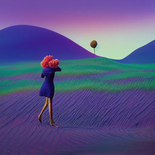 Image similar to portrait, giant purple dahlia flower head, woman between dunes, surreal photography, sunrise, blue sky, dramatic light, impressionist painting, digital painting, artstation, simon stalenhag