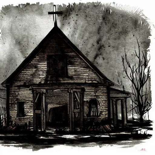 Prompt: hunt showdown burning chapel, dark, gritty, grim, bayou, watercolor