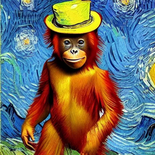 Image similar to a van gogh painting of a baby orangutan wearing a top hat, 4 k, hyper realistic, dslr, landscape, high resolution