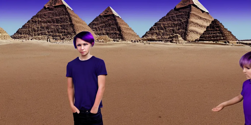 Image similar to landscape, steve jobs and a boy with purple hair in front of the pyramids, hyperrealism, intricate, 8 k, high detail