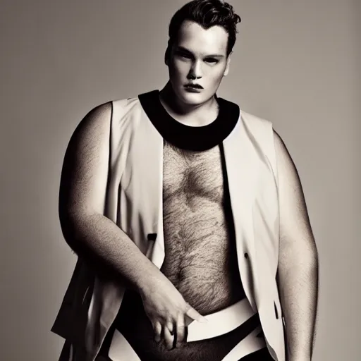 Image similar to editorial photograph of a plus-size male model, editorial story, Vogue Italy, editorial photography