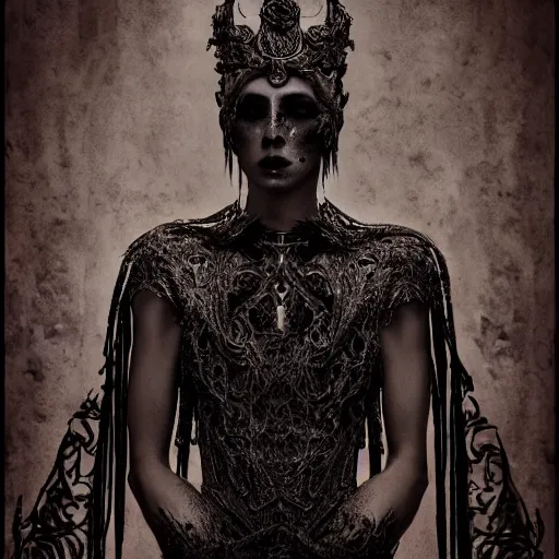 Image similar to a portrait of female model by stefan geselle and nekro borja, photorealistic, intricate details, hyper realistic, dark fantasy, ornate headpiece, dark beauty, photorealistic, canon r 3, photography, wide shot, photography, dark beauty, symmetrical features, wide angle shot, whole body, full body shot, 3 / 4 shot