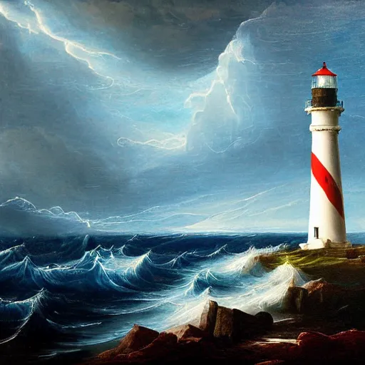 Prompt: painting of light house rocky coast stormy seas night time lighthouse illuminating the dark volumetric lighting in the style of thomas cole course of empires