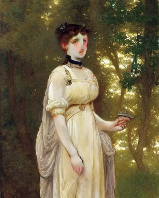 Image similar to beautiful anime style girl, she is standing in the middle of a palace, realistic painting, by Edgar Maxence and William-Adolphe Bouguereau