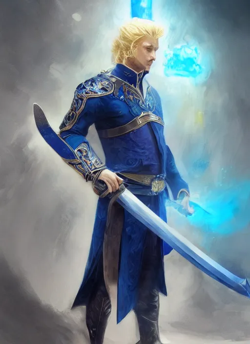 Prompt: side profile of a man with blonde hair in a blue suit wielding a large sword and a gun in a holster, fantasy, digital painting, volumetric light, intricate, sharp, focus, bloom, illustration, highly detailed, concept art, matte, ruan jia, randy vargas, greg rutkowski