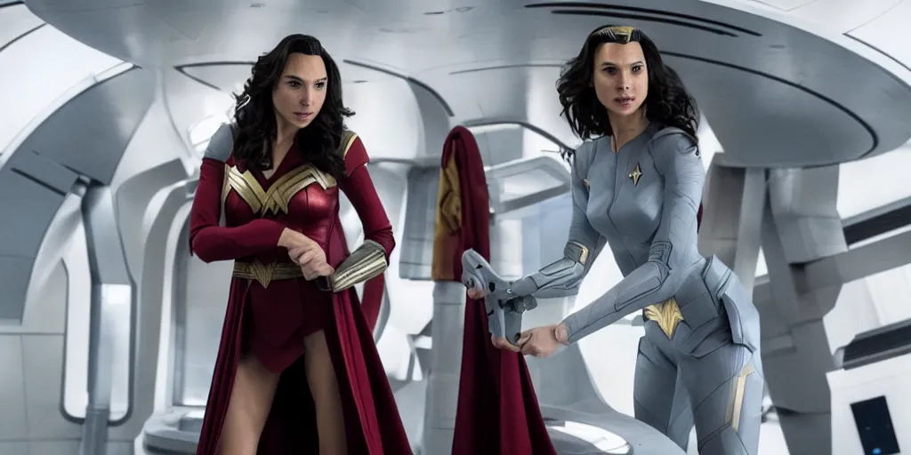 Image similar to Gal Gadot, in full starfleet uniform, is the captain of the starship Enterprise in the new Star Trek movie