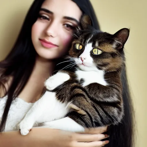 Image similar to a girl with long dark hair holding a cat in her arms, a stock photo by juan villafuerte, pexels contest winner, high quality photo, rtx, hd, shiny eyes, rasquache, a renaissance painting by sailor moon, anime, anime aesthetic