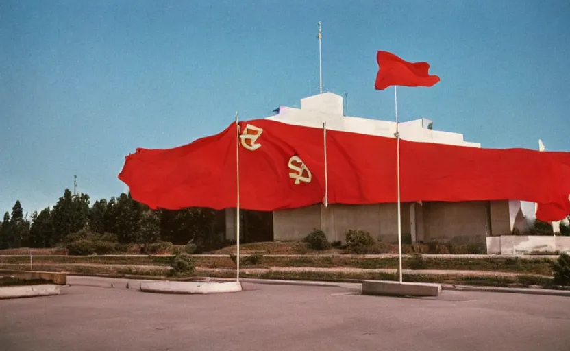 Prompt: 60s movie still of a giant stalinist style sovietic hall with a USSR flag, by Irving Penn , cinestill 800t 35mm eastmancolor, heavy grainy picture, very detailed, high quality, 4k, HD criterion, precise texture, panoramic, cinematic