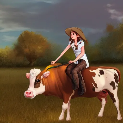 Image similar to girl riding a cow on the farm, trending on artstation