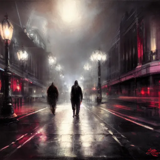 Prompt: walking the streets of london at night by raymond swanland, highly detailed, dark tones