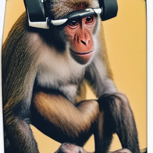 Image similar to a polaroid photo of a monkey with headphones