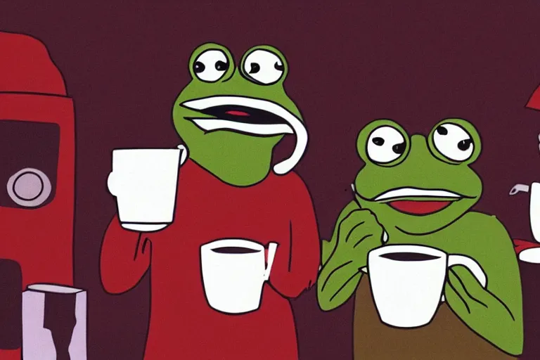 Prompt: pepe the frogs drinking coffee in a cafe, 8 0 s style, cinematographic photo
