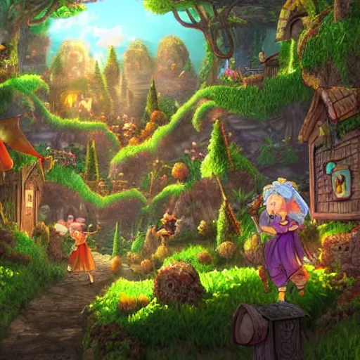 Image similar to A fantastical village inhabited by fairies, side-scrolling 2d platformer game level, swirling clouds, fantasy magical vegetation, dramatic dusk sun illuminates areas, volumetric light , detailed, rich color, upscale , 8k