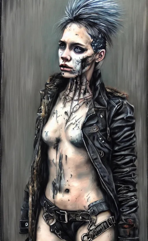 Image similar to acid rain effect, punk rock girl, mad max jacket, post apocalyptic, renaissance, cables on her body, hyper realistic style, oil painting, fantasy by Olga Fedorova